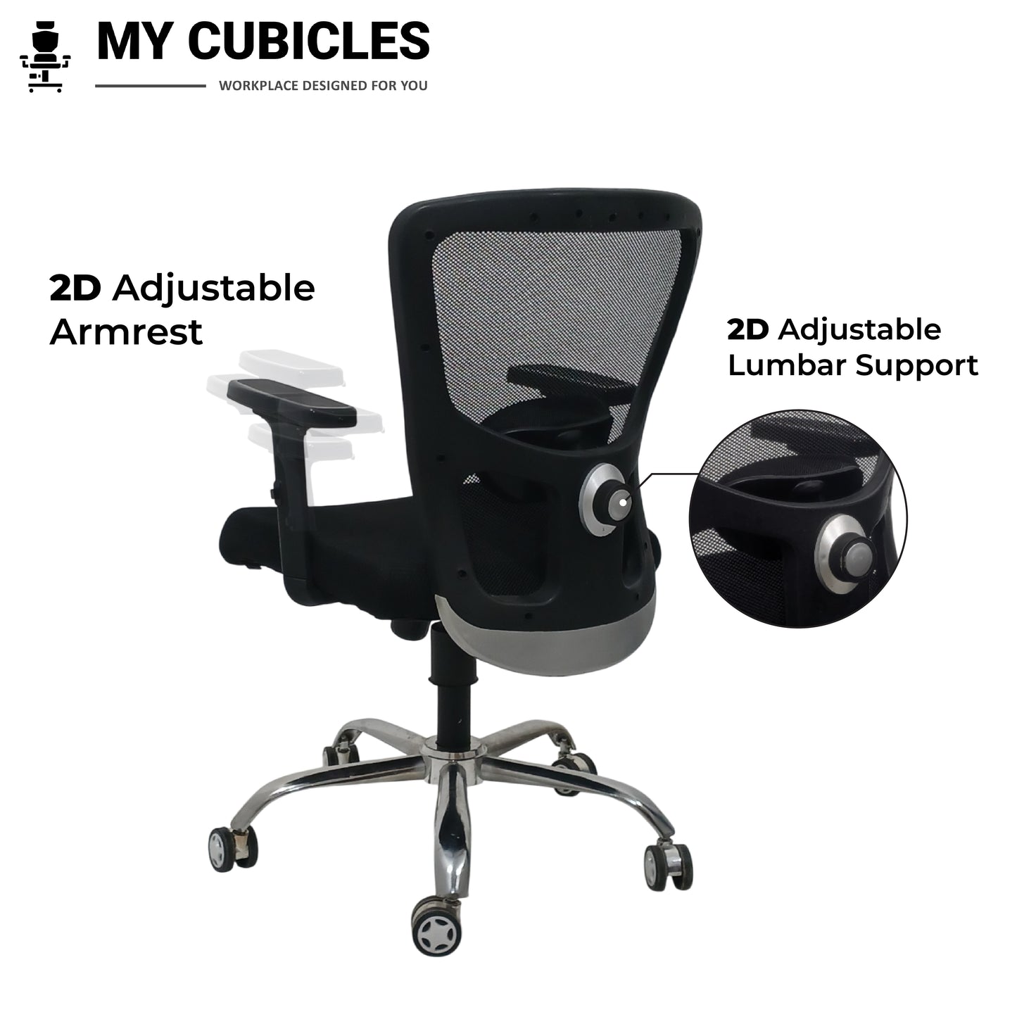Black mesh office chair with adjustable armrest and lumbar support