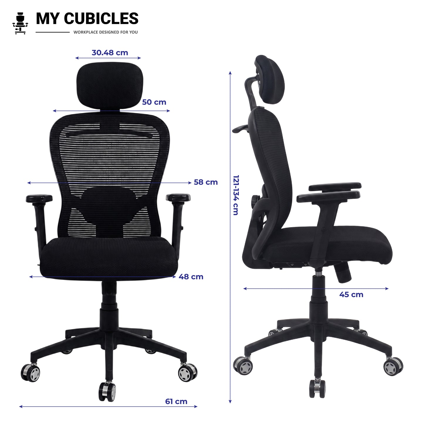 Cosmic Horizon Nylon Base Ergonomic Office Chair with Headrest - Dimension View