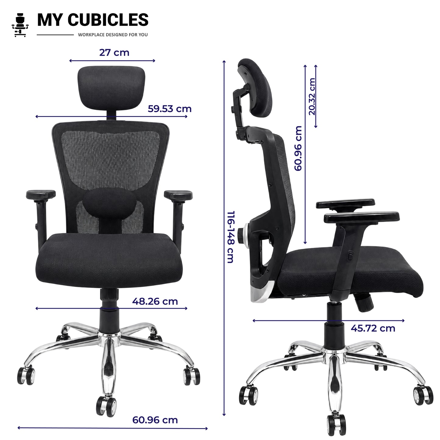 Jazz High Back Ergonomic Office Chair with Spider Base - Dimension View