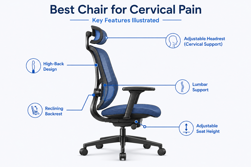 high-back ergonomic chair with adjustable headrest and lumbar support for cervical pain India