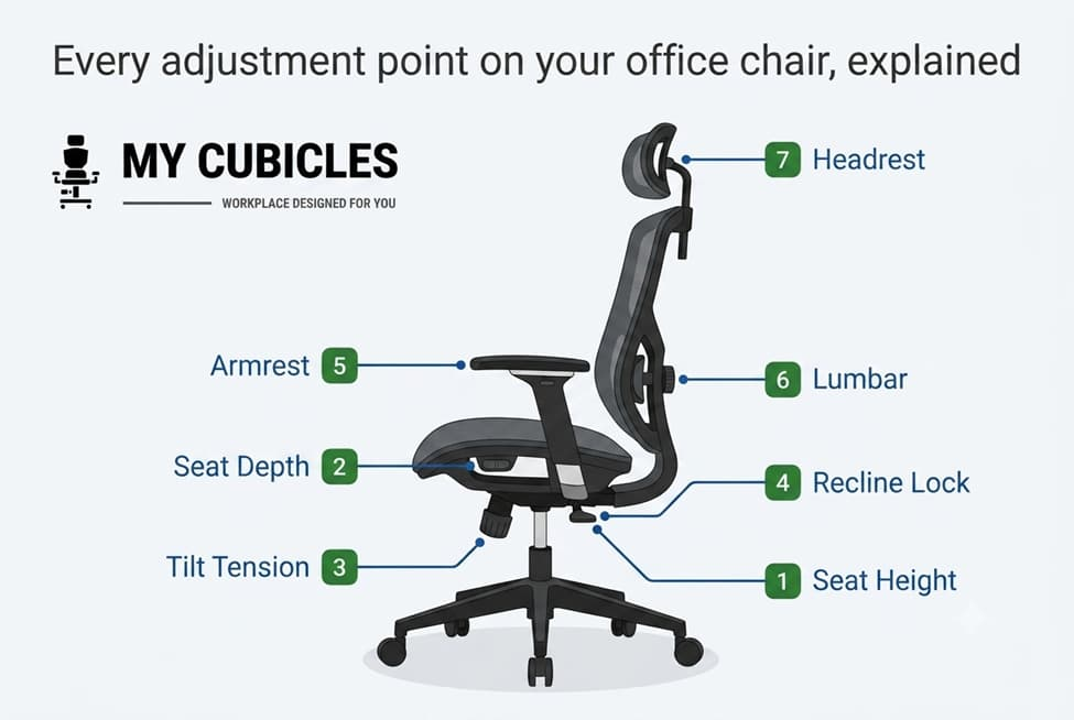 labelled guide showing how to adjust your office chair height tilt armrests and recline