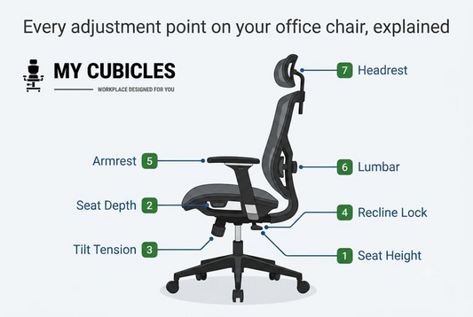 labelled guide showing how to adjust your office chair height tilt armrests and recline