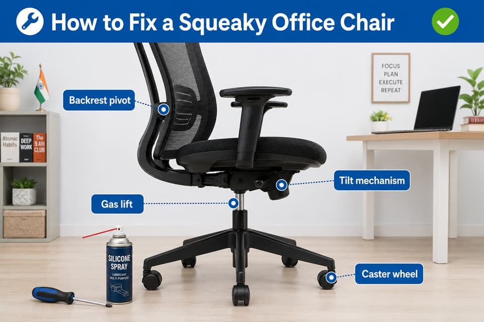 how to fix a squeaky office chair by lubricating the tilt mechanism, casters and gas lift