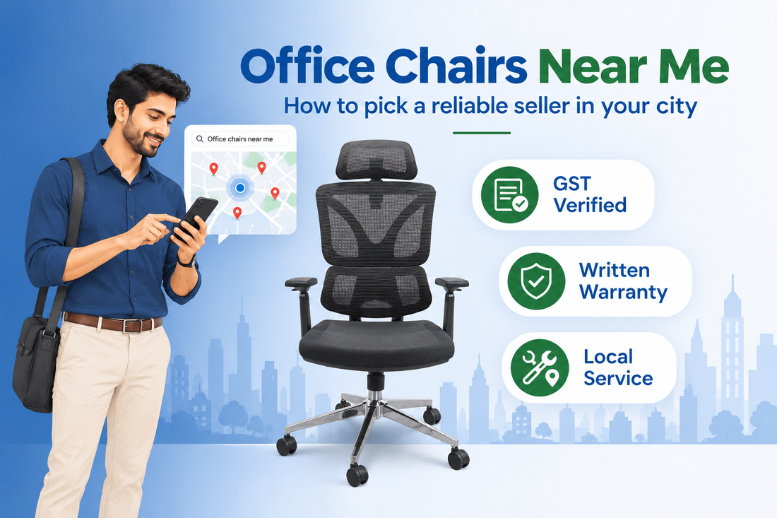 office chairs near me guide showing a buyer checking seller warranty and GST details