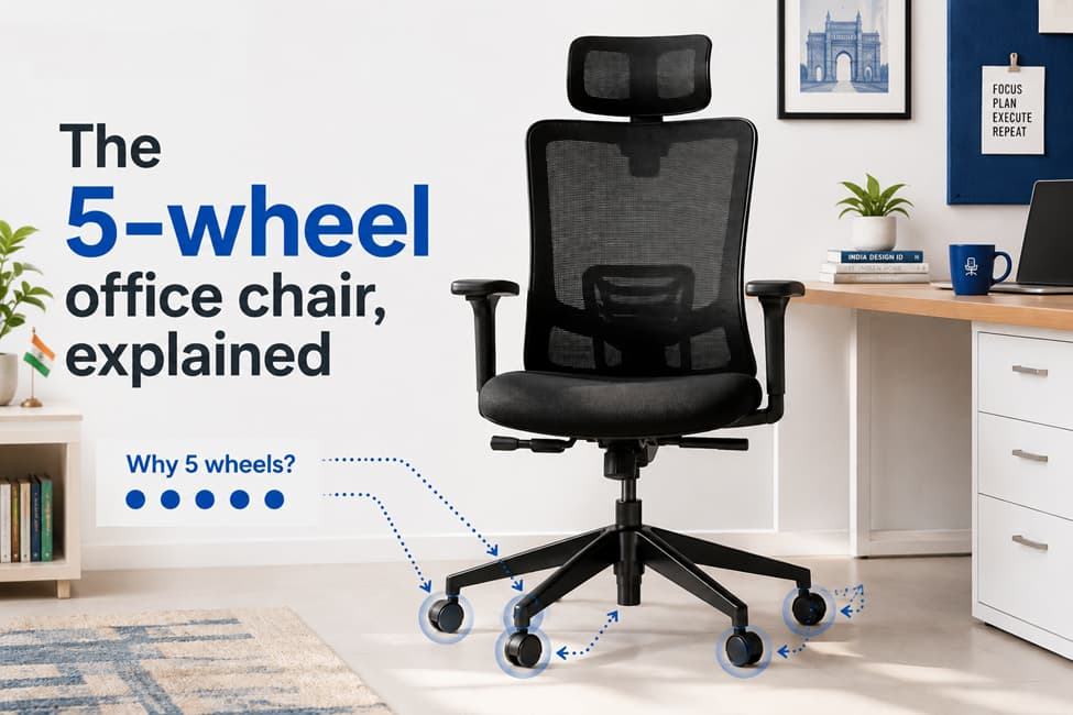 ergonomic office chair with 5 wheels on a five-star base in an Indian workspace