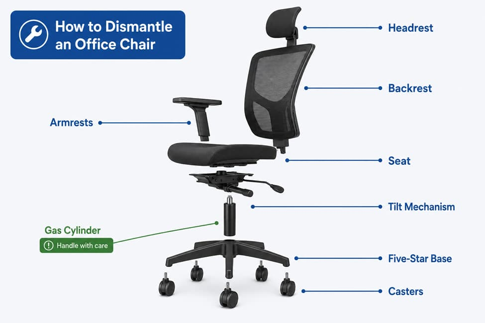 labelled diagram showing how to dismantle an office chair into its main parts