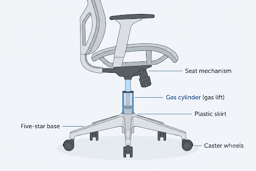 labelled diagram showing office chair gas cylinder location for safe replacement at home