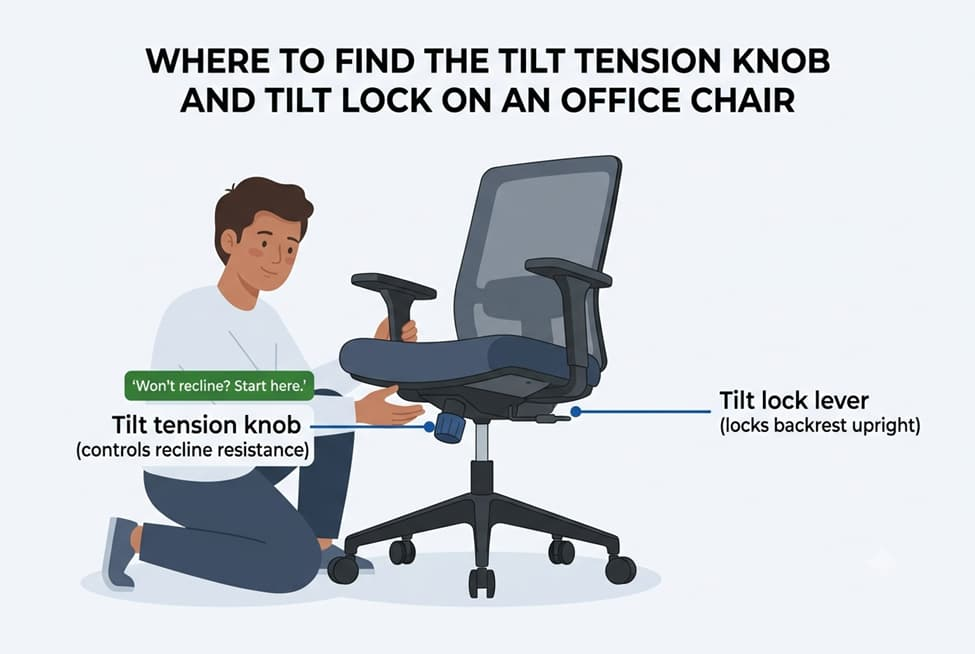 where to find the tilt tension knob to fix an office chair that won't recline