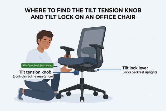 where to find the tilt tension knob to fix an office chair that won't recline