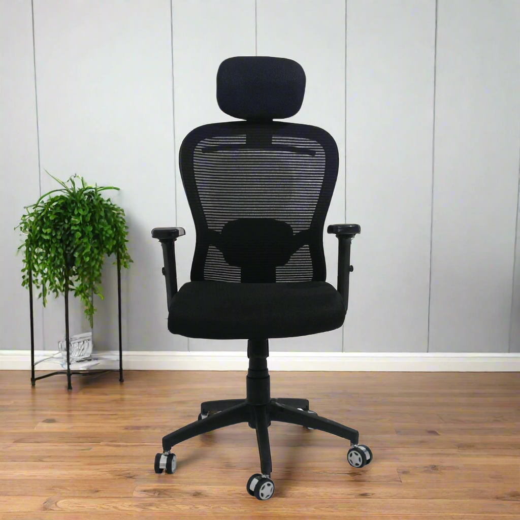 Cosmic Horizon Black Headrest Ergonomic Office Chair with Nylon Base