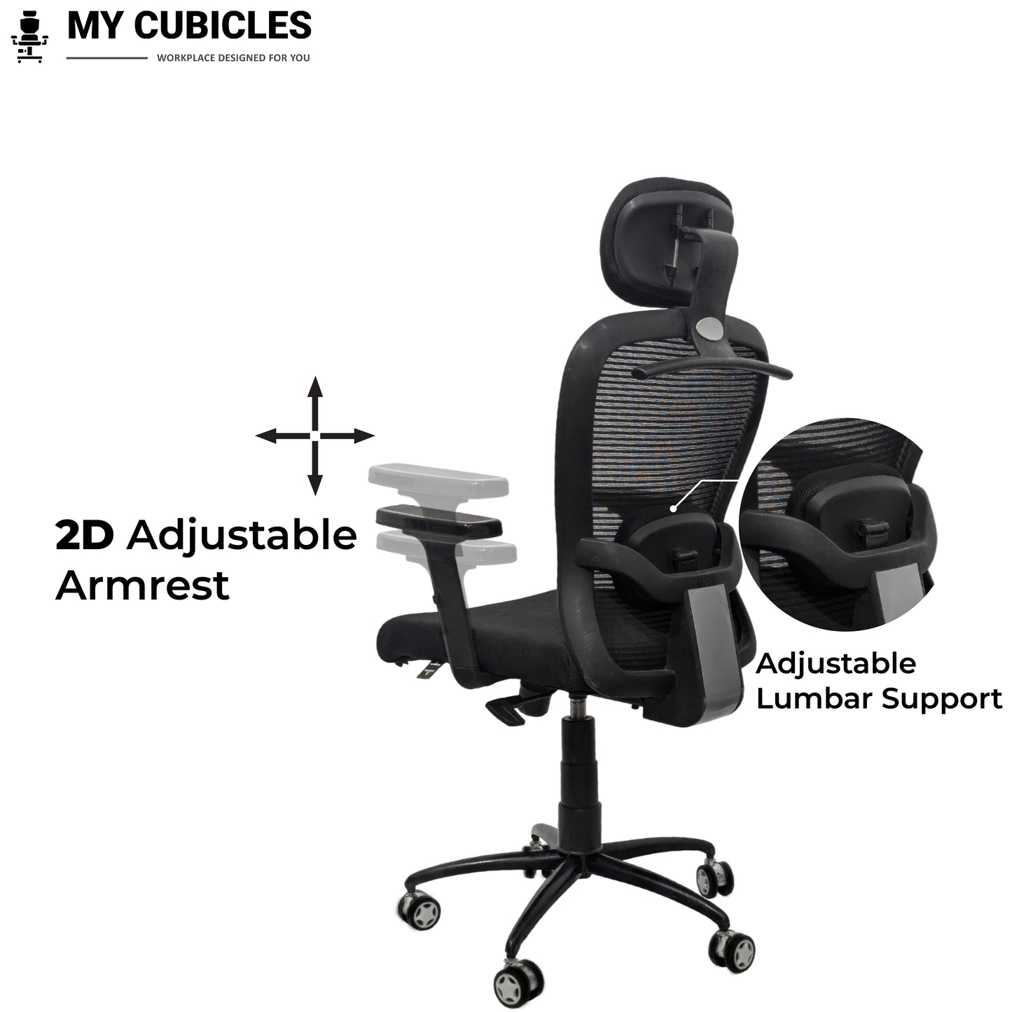 Black office chair with adjustable armrests and lumbar support