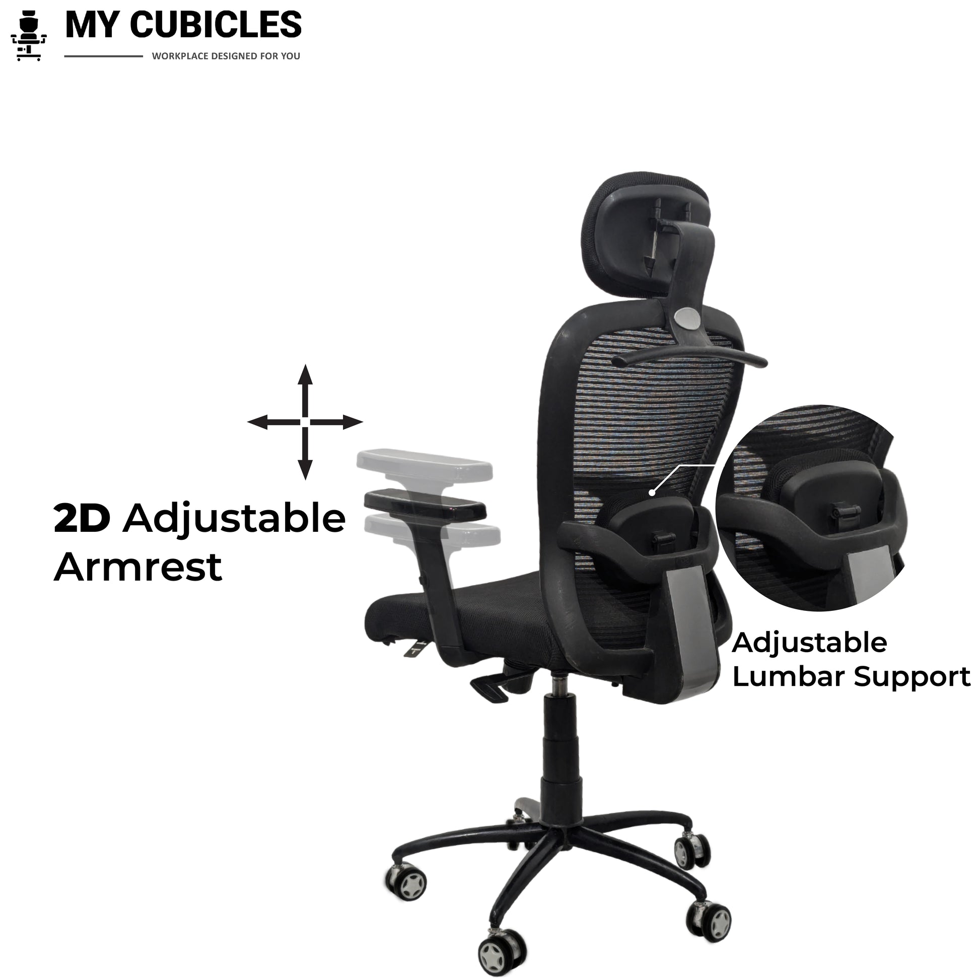 Black office chair with adjustable armrests and lumbar support