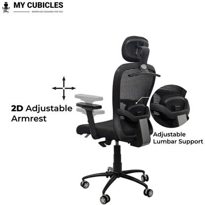 Black office chair with adjustable armrests and lumbar support
