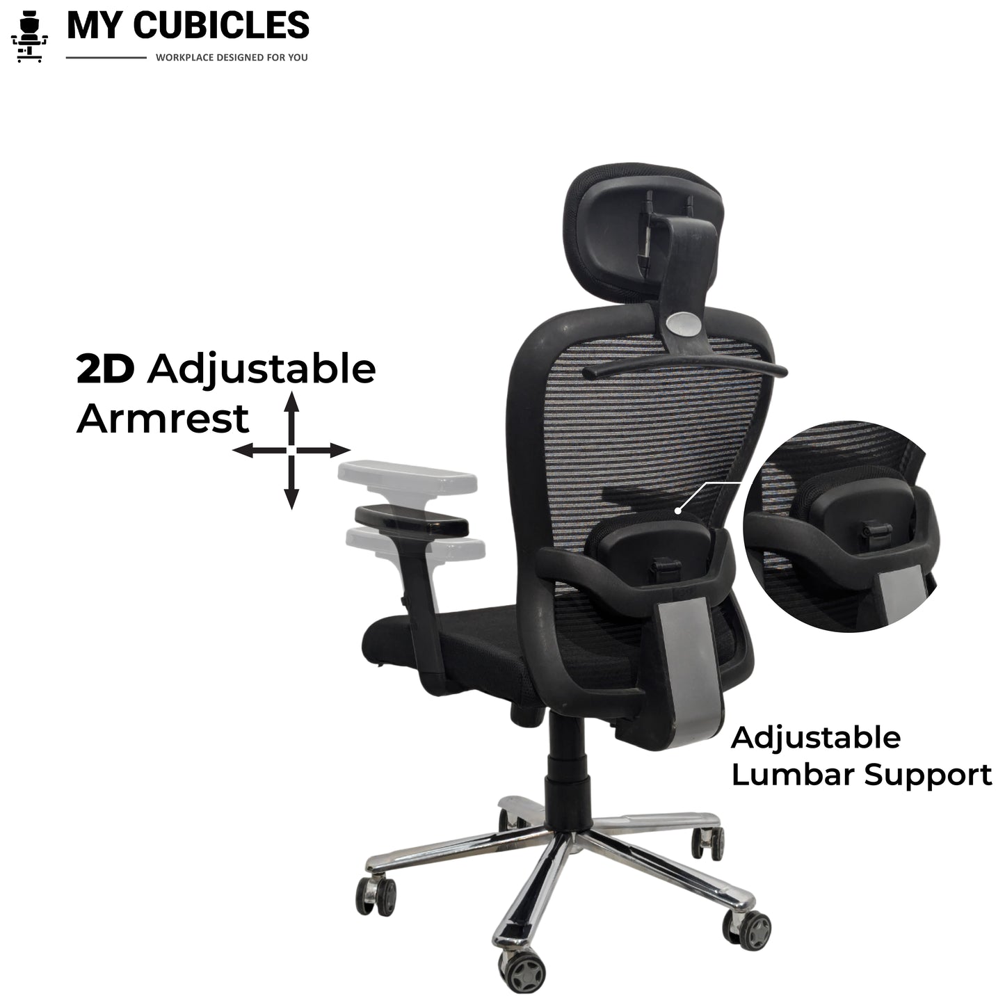 Black office chair with adjustable armrests and lumbar support