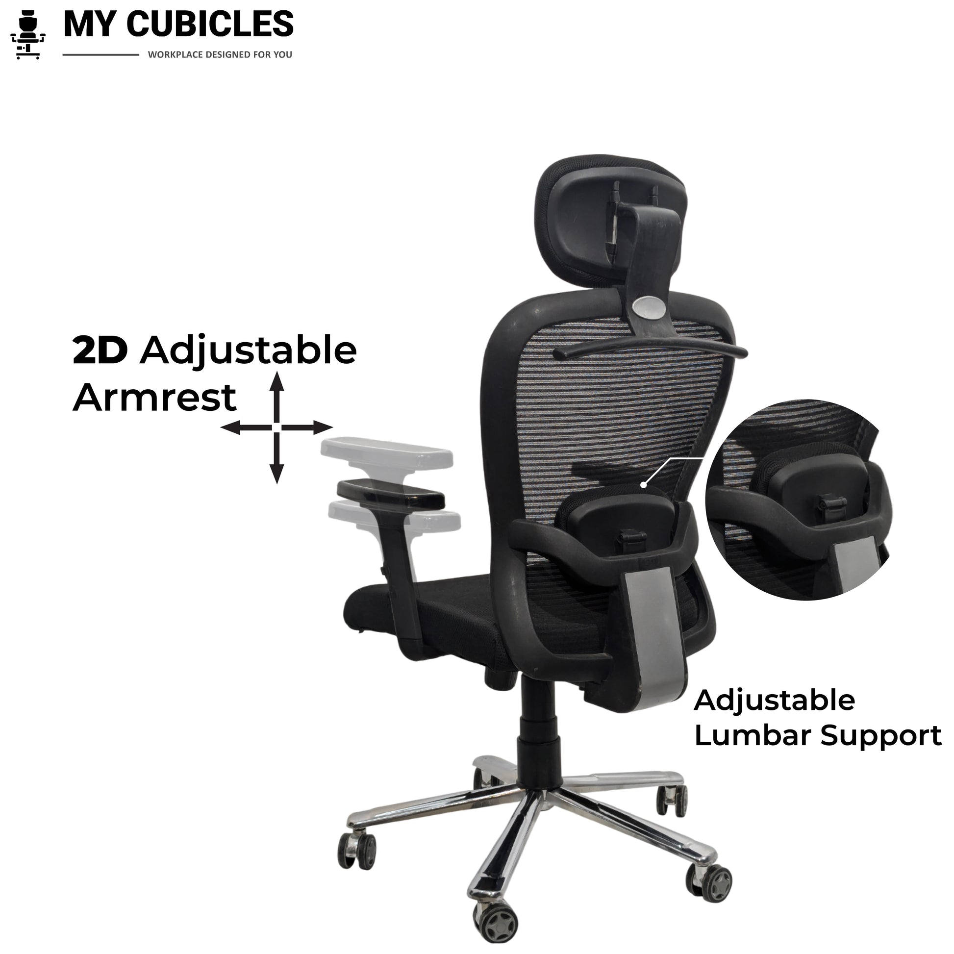 Black office chair with adjustable armrests and lumbar support