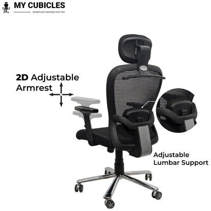 Black office chair with adjustable armrests and lumbar support