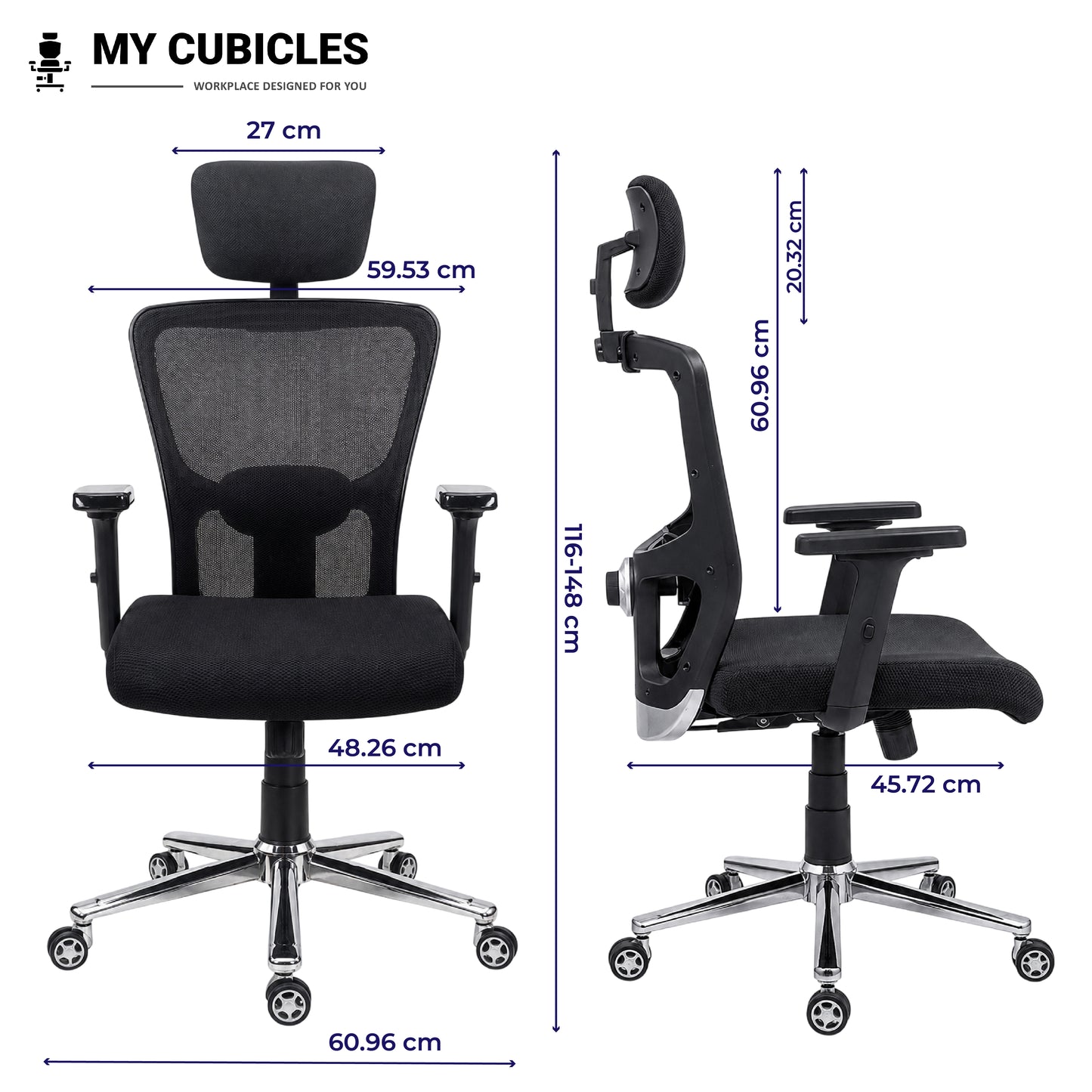Jazz High Back Ergonomic Office Chair with Scorpio Base - Dimension View