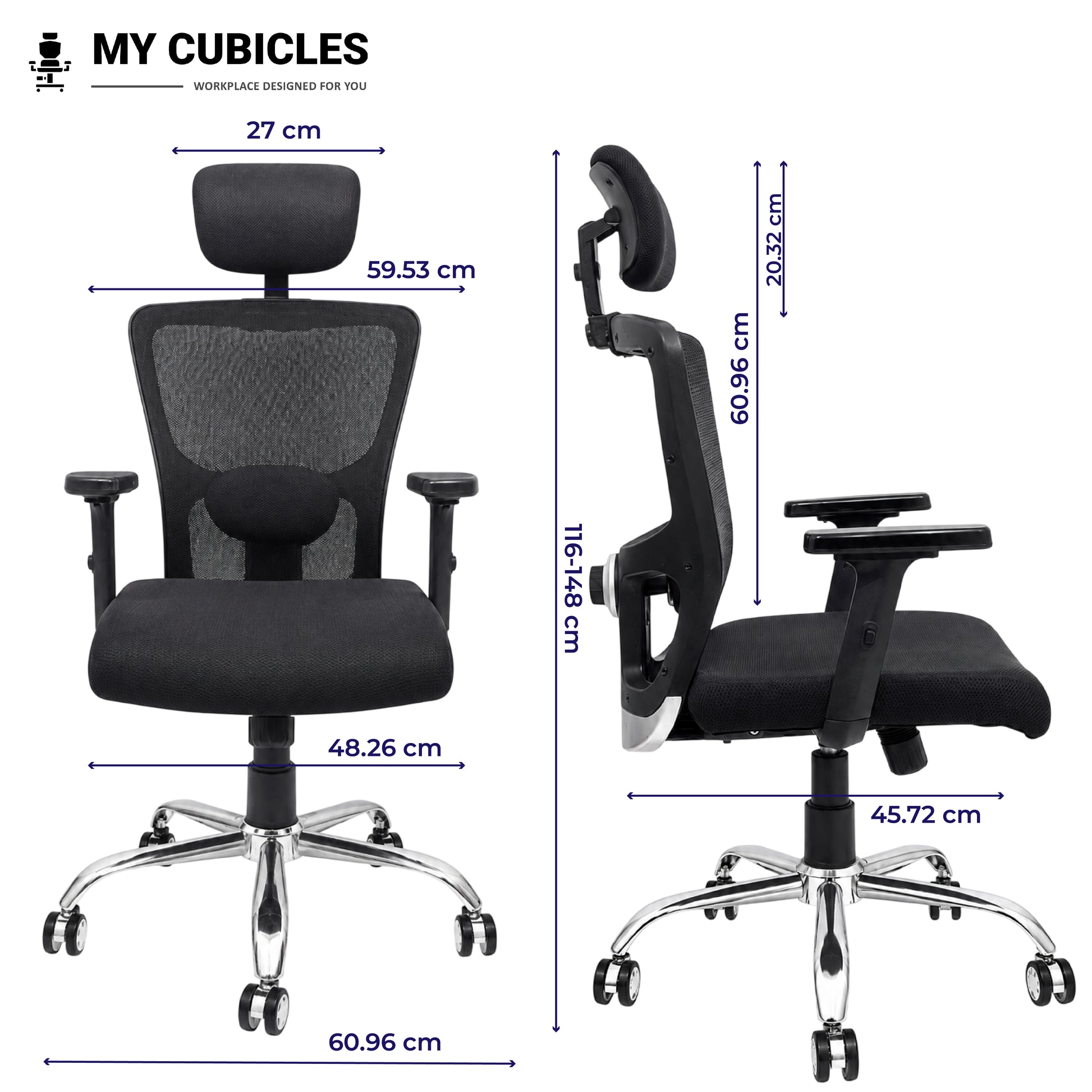 Jazz High Back Ergonomic Office Chair with Spider Base - Dimension View
