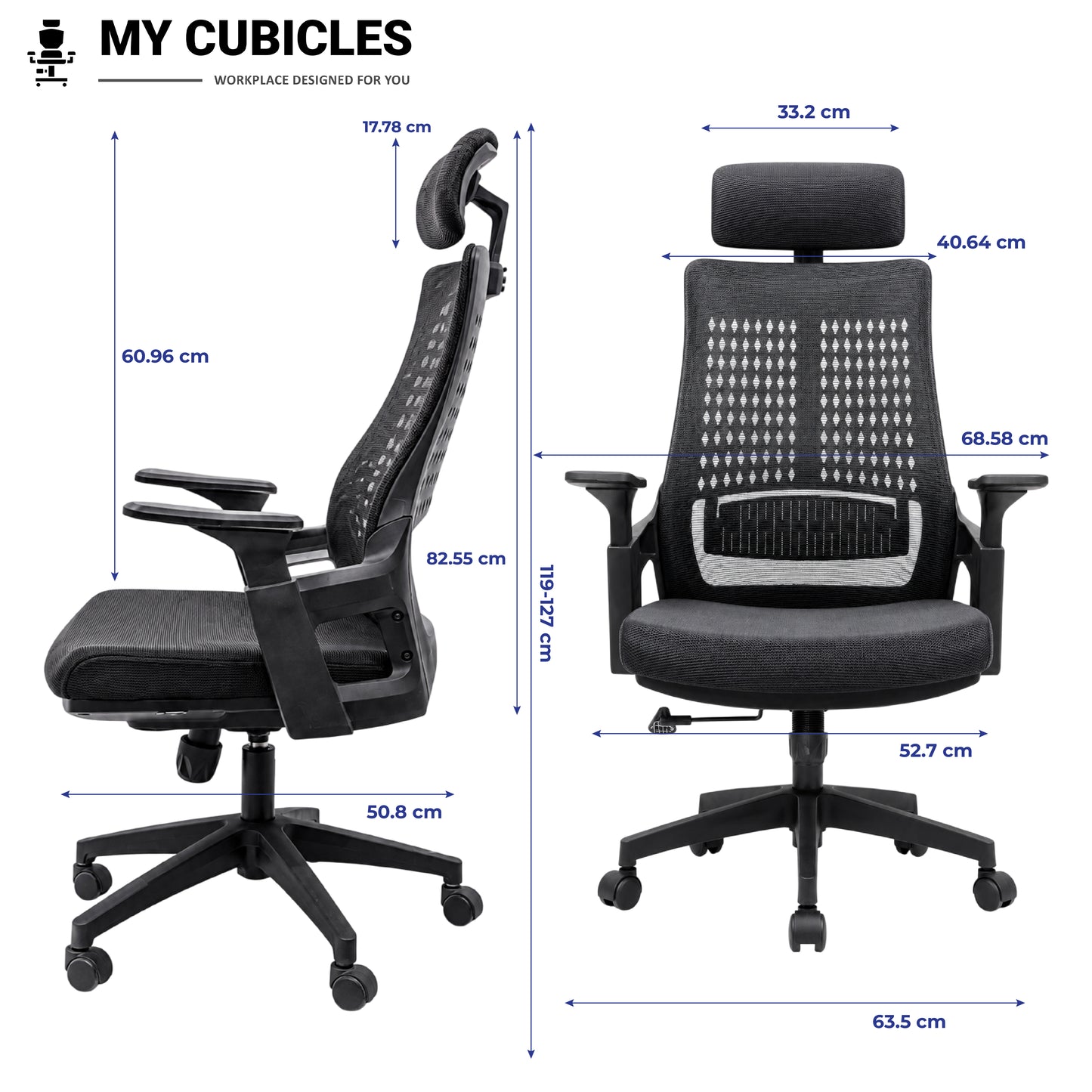 Nova Black High Back Office Chair - Dimension View