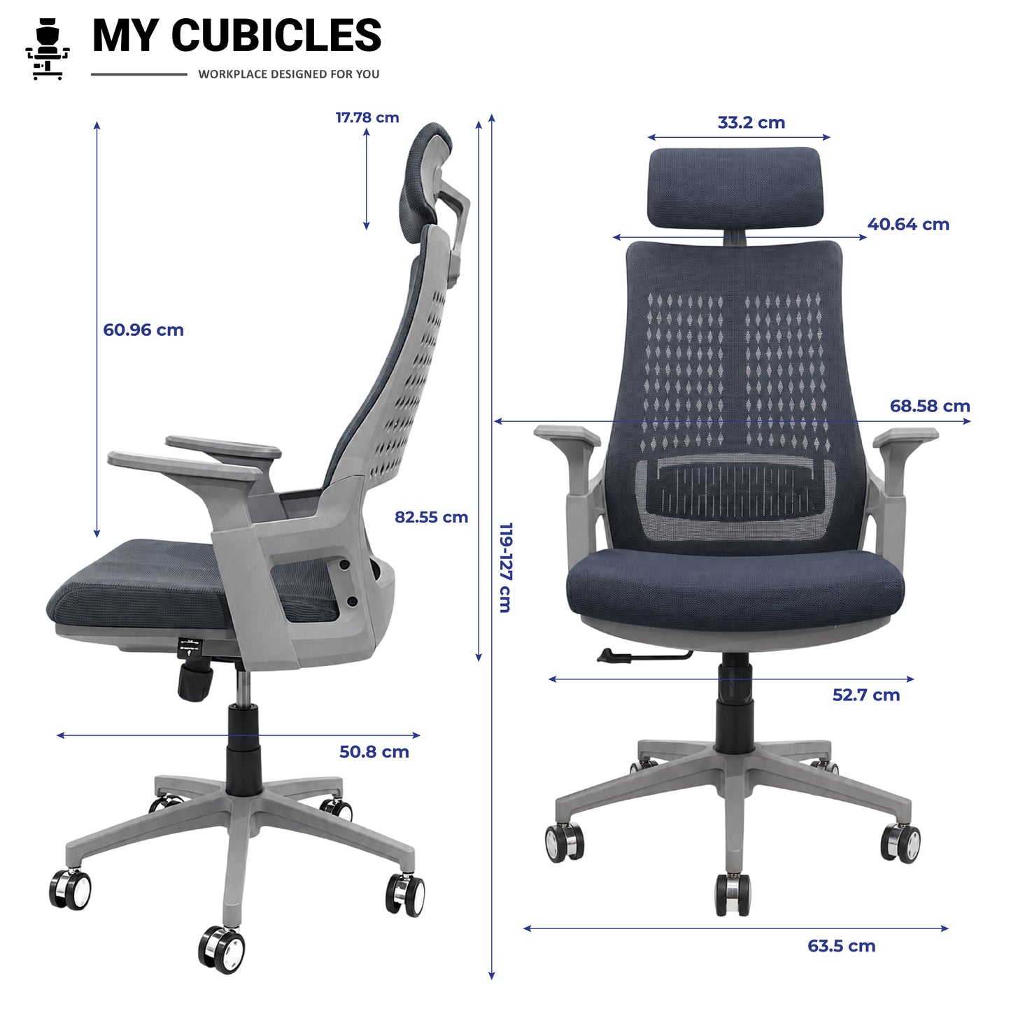 Nova Grey High Back Office Chair - Dimension View