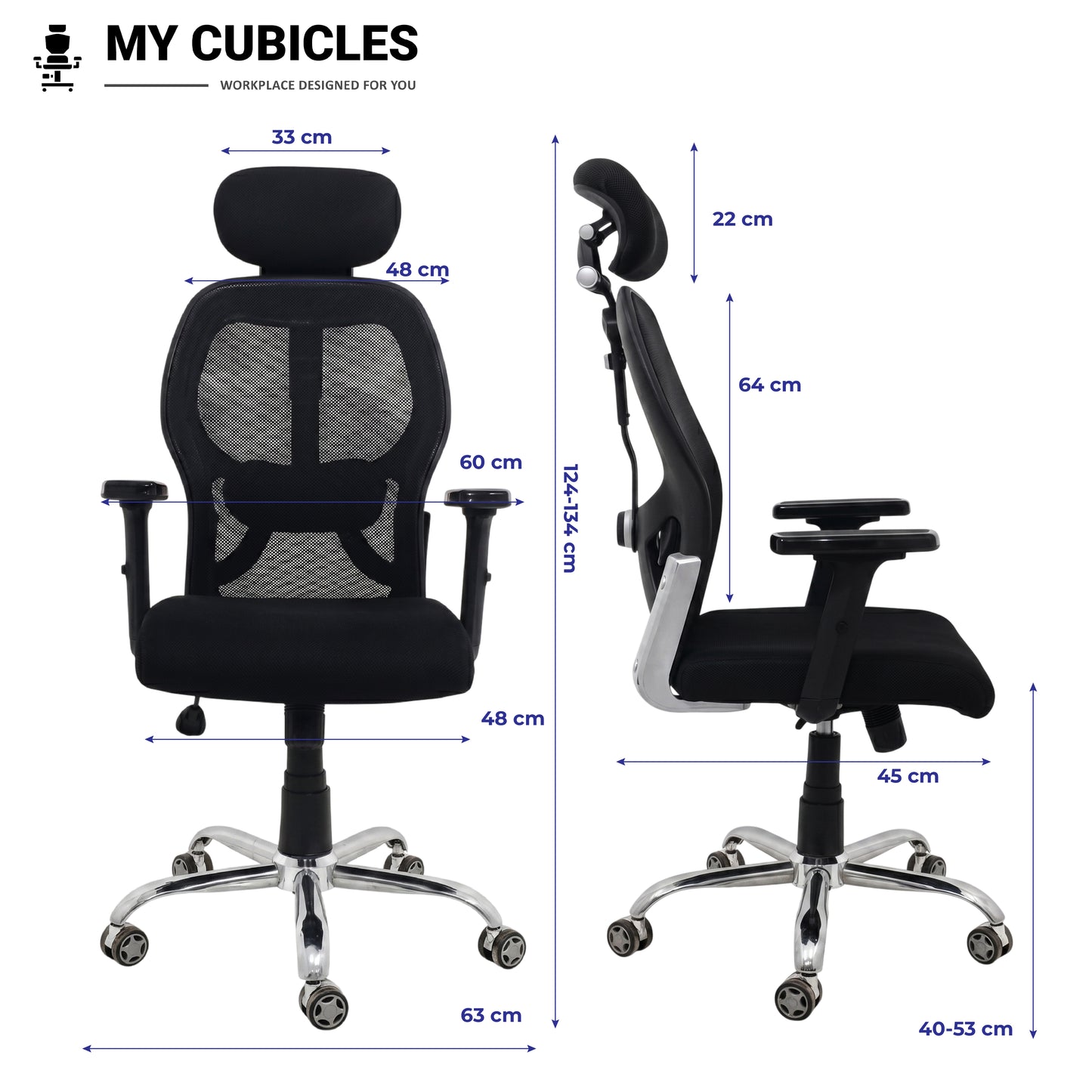 Titan Throne Matrix High Back Mesh Ergonomic Office Chair with Spider Base - Dimension View