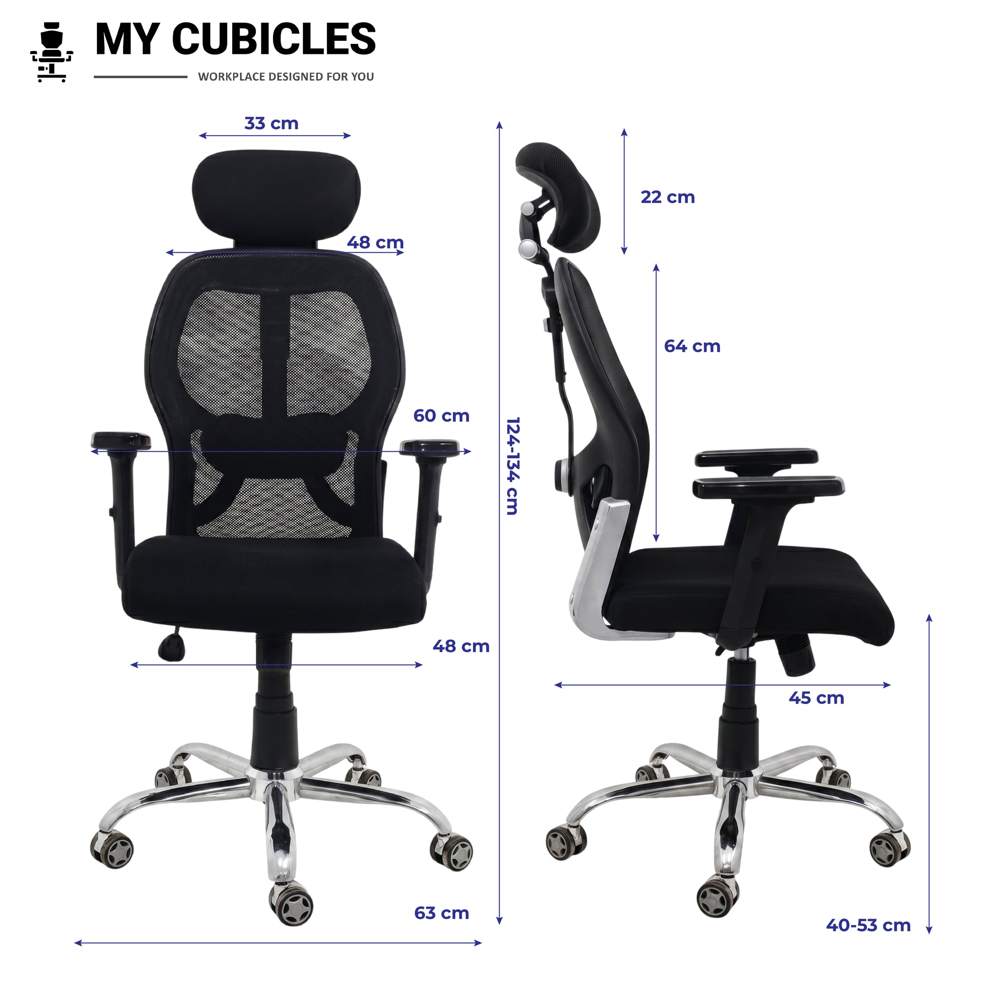 Titan Throne Matrix High Back Mesh Ergonomic Office Chair with Spider Base - Dimension View