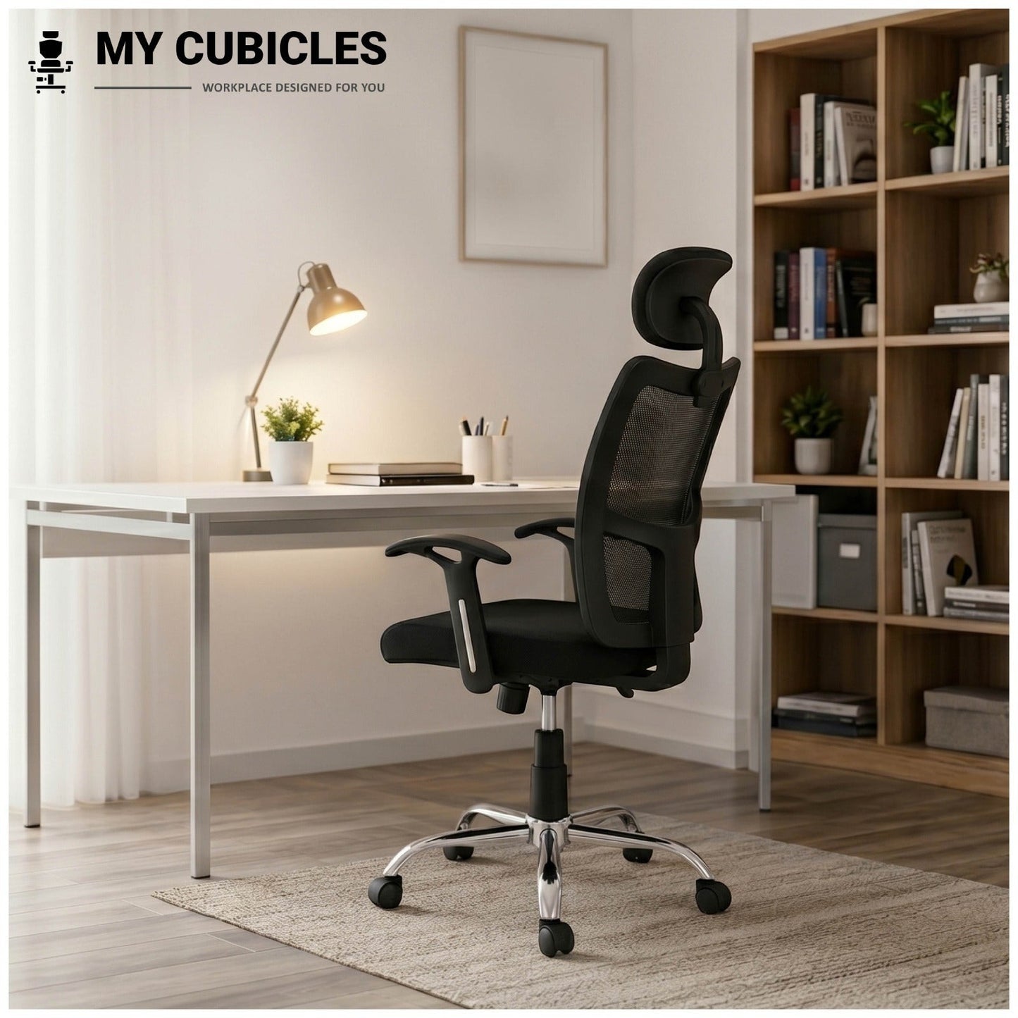 My Cubicles Aligna Brio black mesh high back office chair with headrest and chrome base in a home office setting