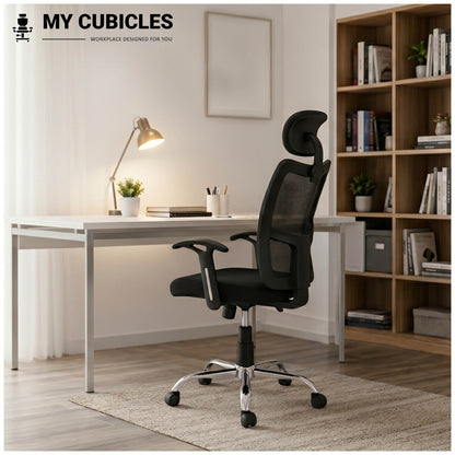My Cubicles Aligna Brio black mesh high back office chair with headrest and chrome base in a home office setting