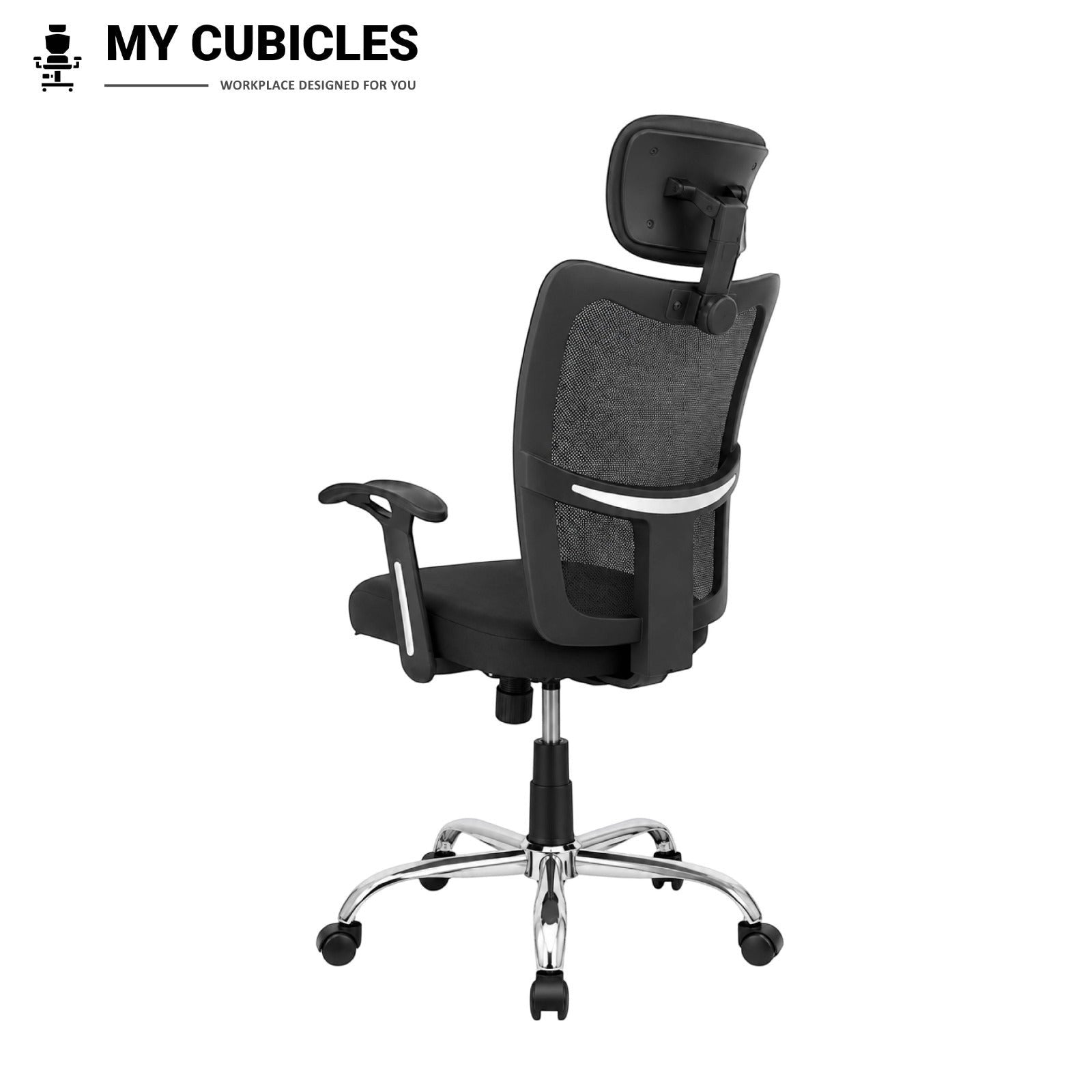 My Cubicles Aligna Brio black mesh high back office chair with adjustable headrest and chrome base, rear view