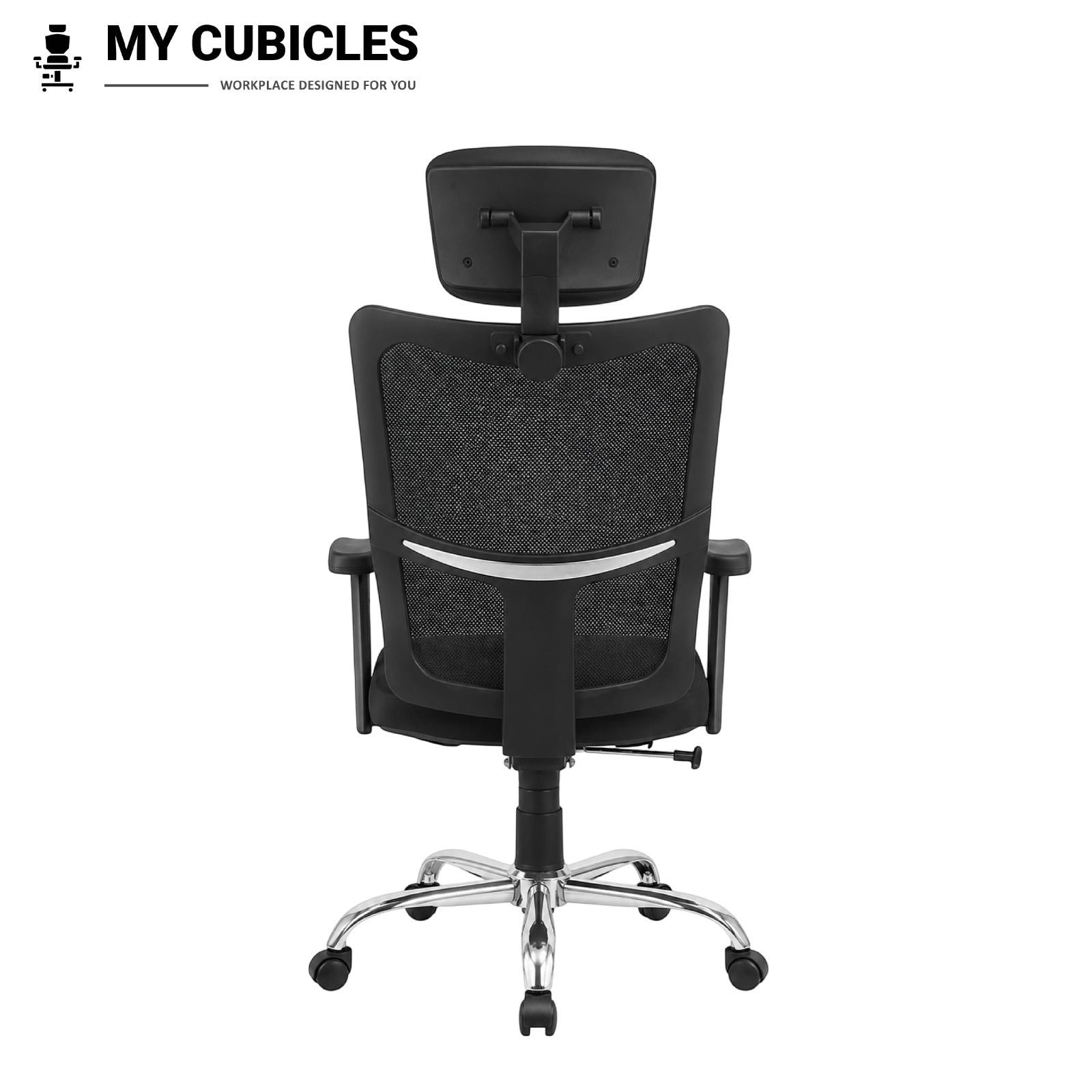 My Cubicles Aligna Brio black mesh high back office chair with adjustable headrest and chrome base, rear view