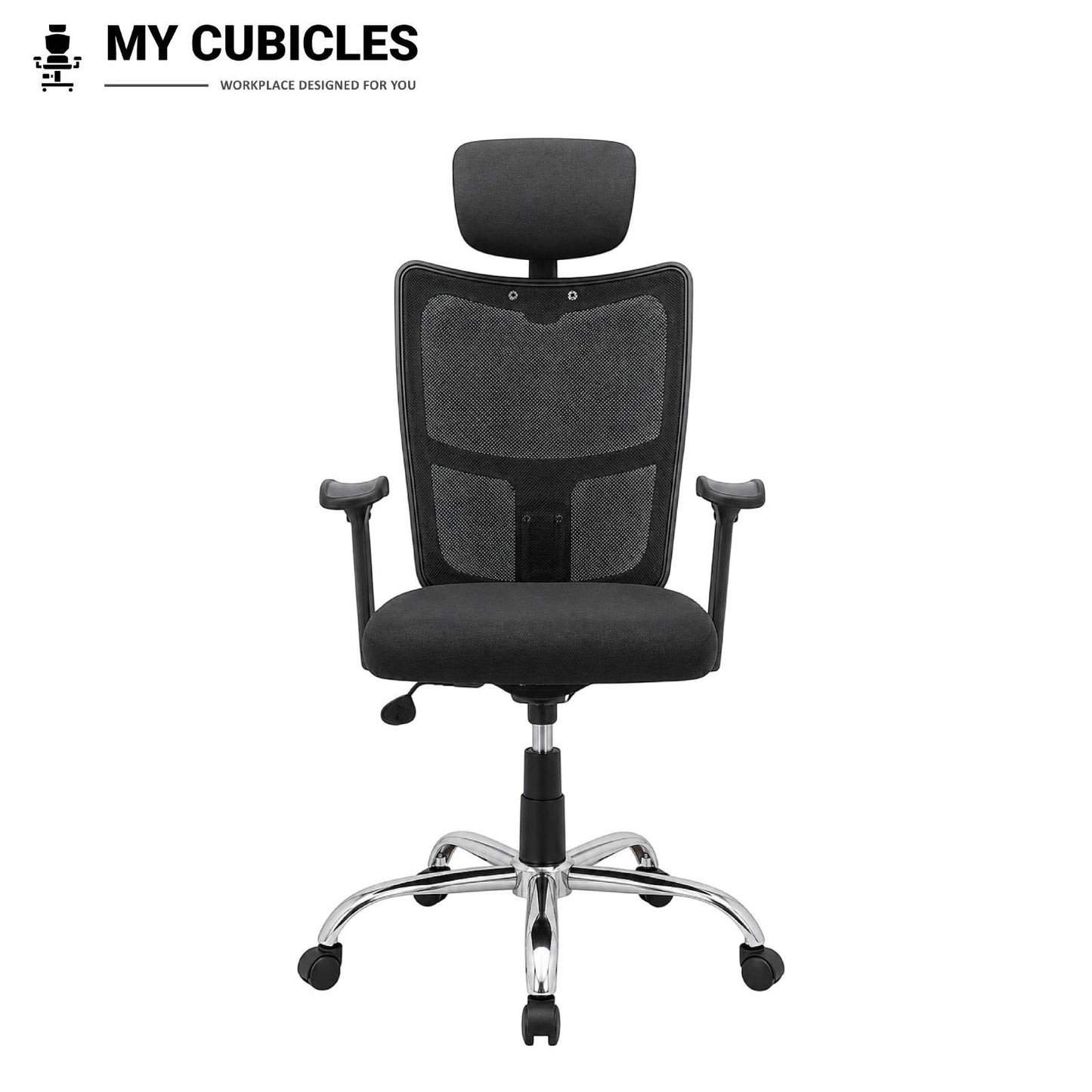 My Cubicles Aligna Brio black mesh high back office chair with adjustable headrest and chrome base