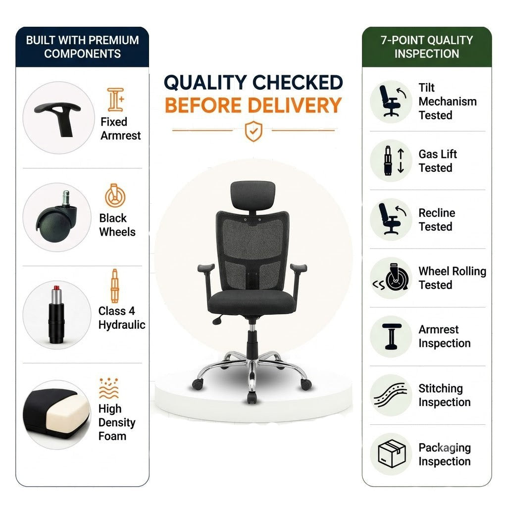 My Cubicles Aligna Brio high back office chair with headrest, black mesh back, and chrome base on display.