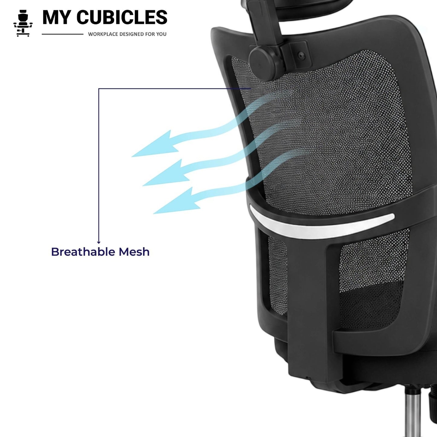 My Cubicles Aligna Brio high back office chair featuring a black breathable mesh backrest with headrest support
