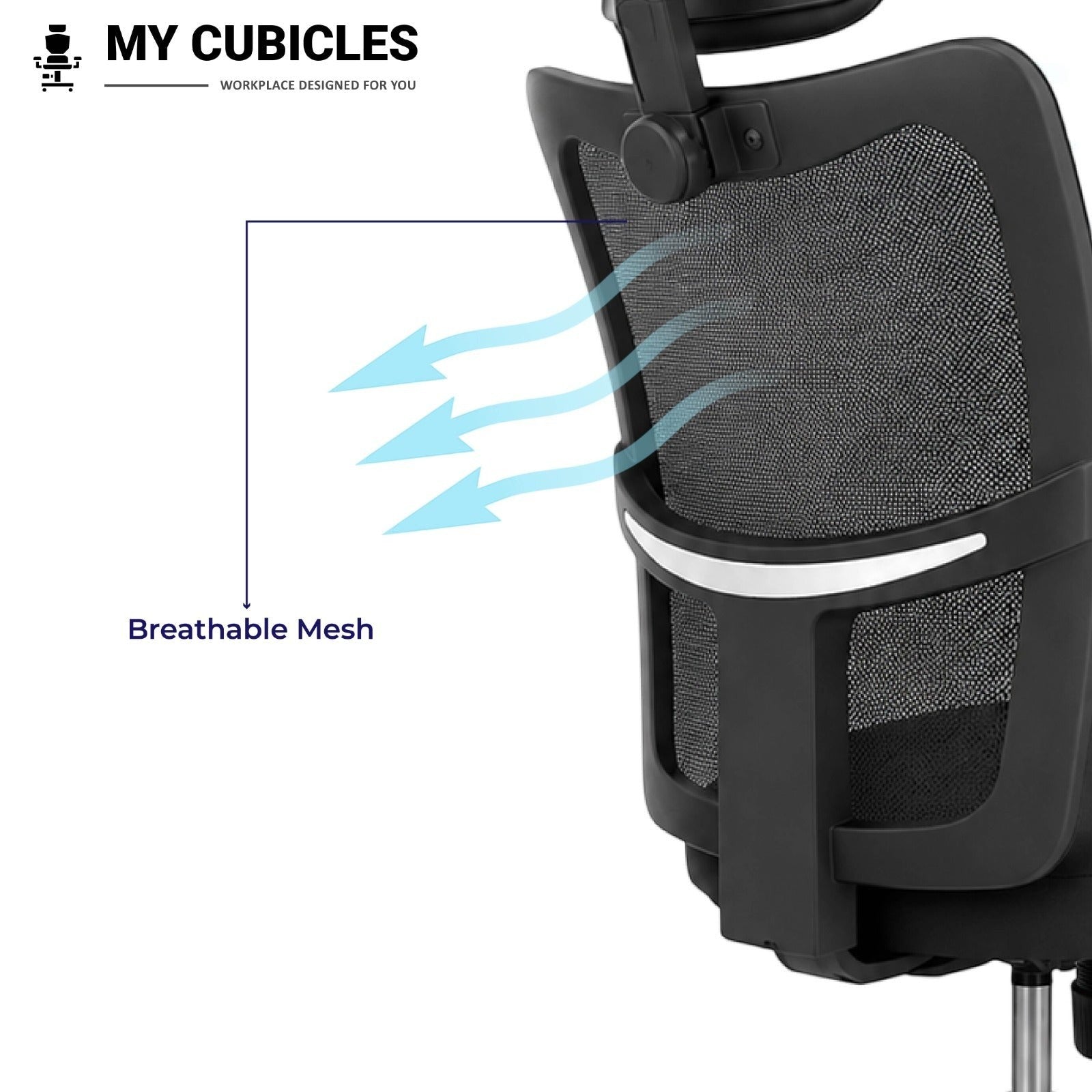 My Cubicles Aligna Brio high back office chair featuring a black breathable mesh backrest with headrest support