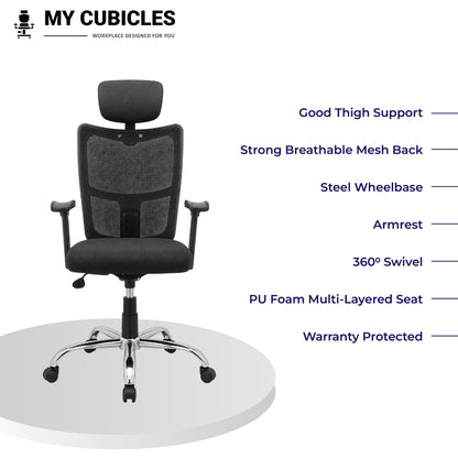 My Cubicles Aligna Brio black high back office chair with breathable mesh, headrest, and chrome steel wheelbase