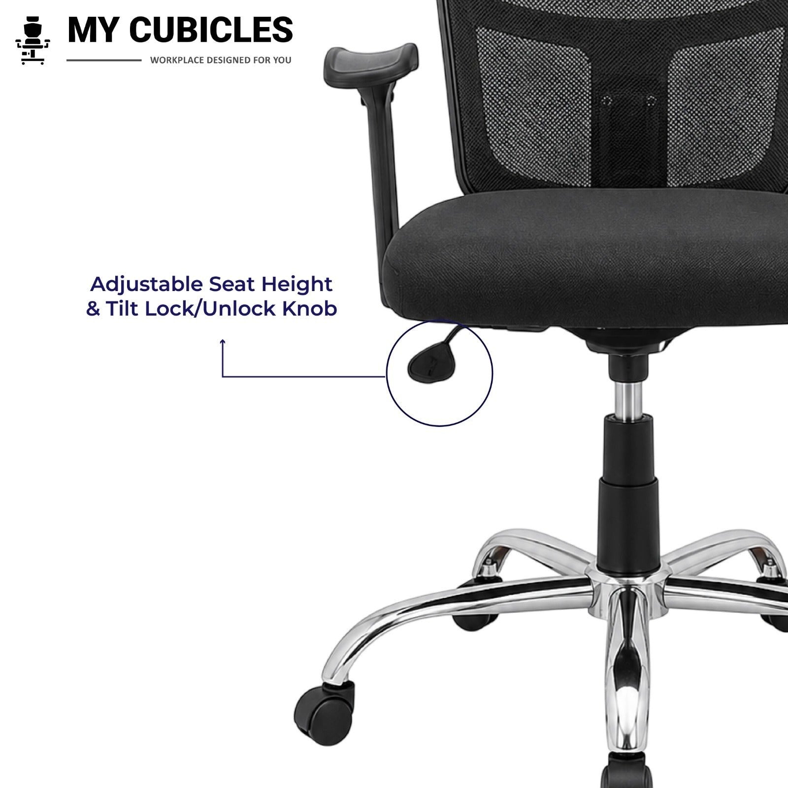My Cubicles Aligna Brio high back office chair featuring a black mesh back, padded seat, and adjustable tilt knob.