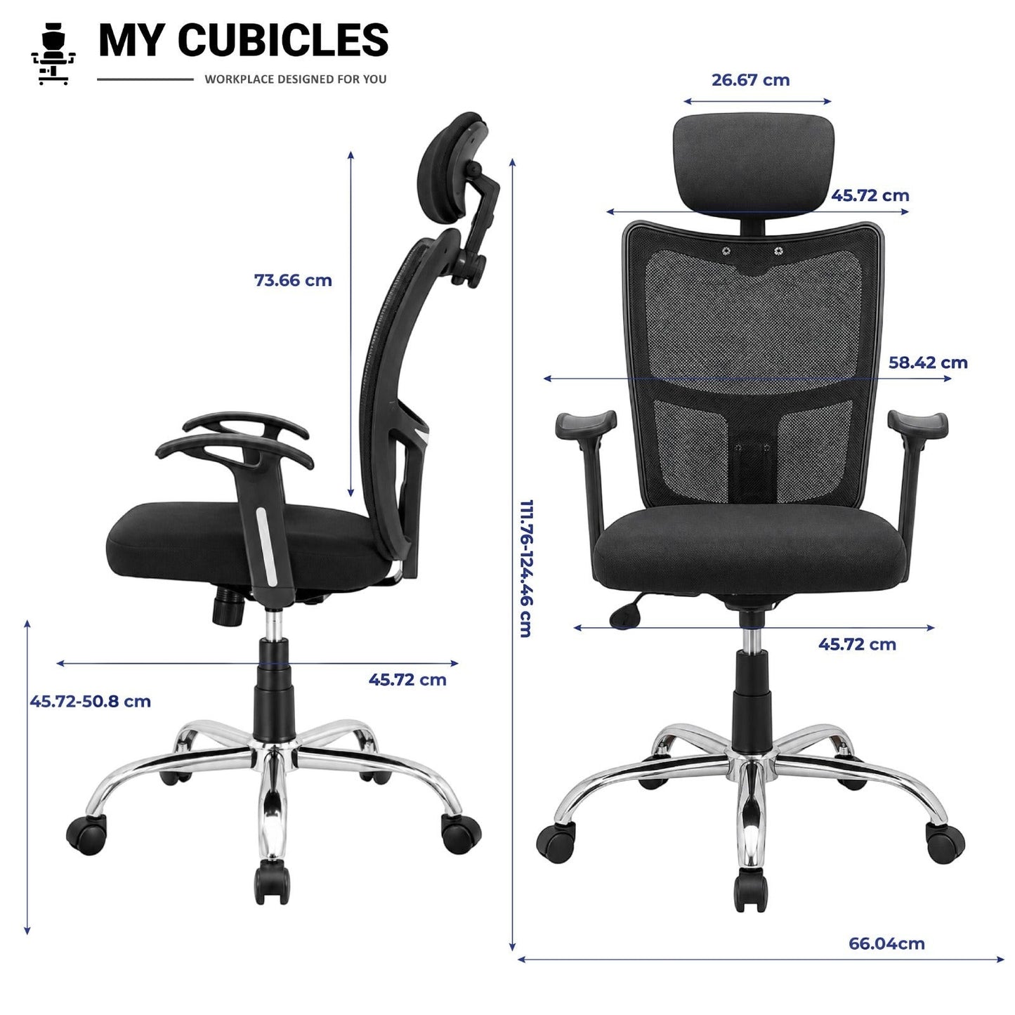 My Cubicles Aligna Brio black mesh high back office chair with headrest, showing side and front dimensions.