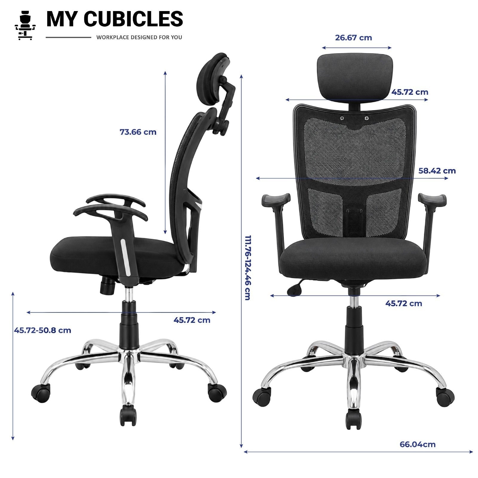 My Cubicles Aligna Brio black mesh high back office chair with headrest, showing side and front dimensions.