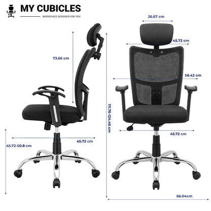 My Cubicles Aligna Brio black mesh high back office chair with headrest, showing side and front dimensions.