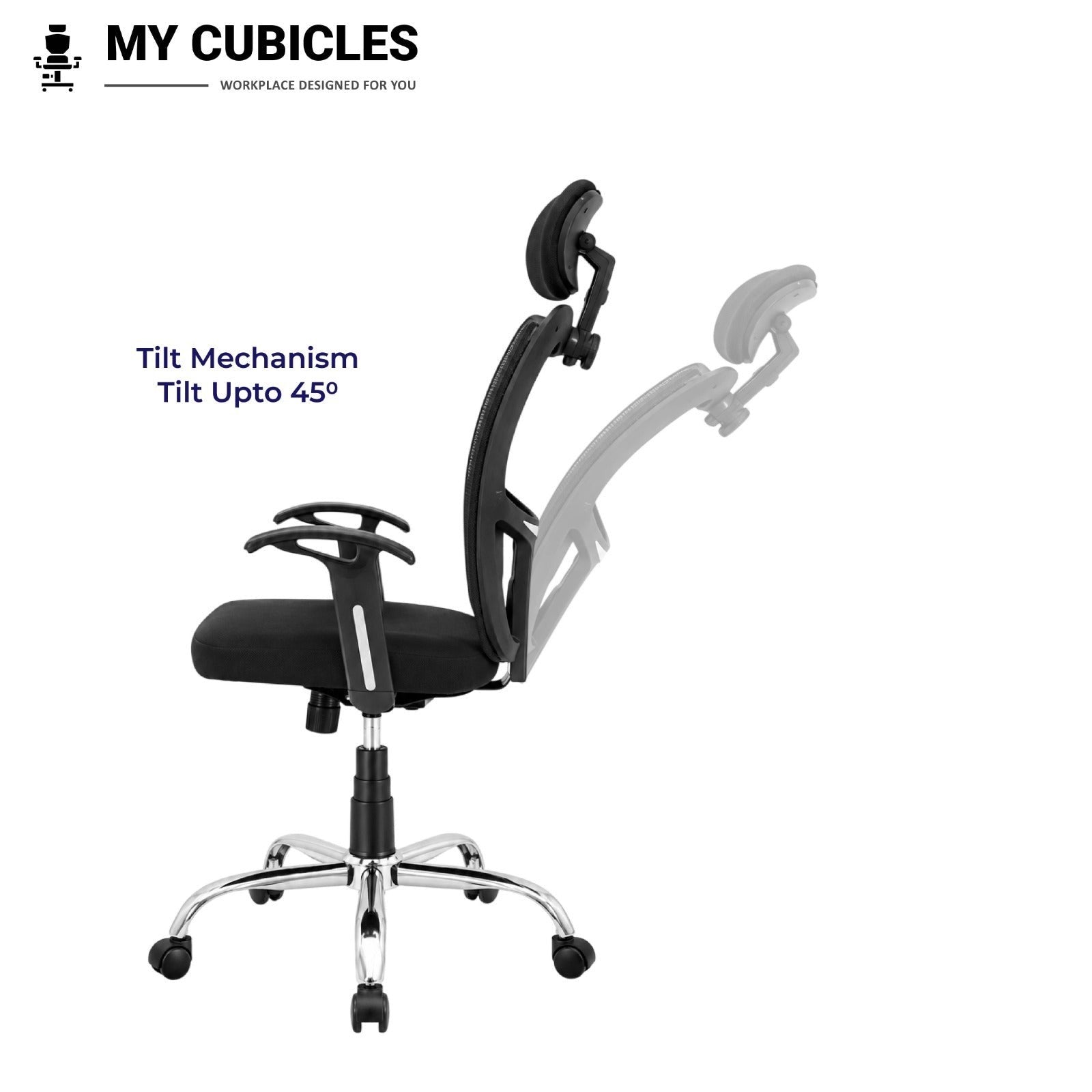 My Cubicles Aligna Brio high back office chair in black with adjustable headrest and 45-degree tilt mechanism