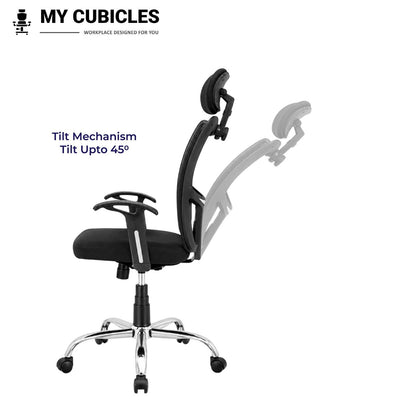My Cubicles Aligna Brio high back office chair in black with adjustable headrest and 45-degree tilt mechanism